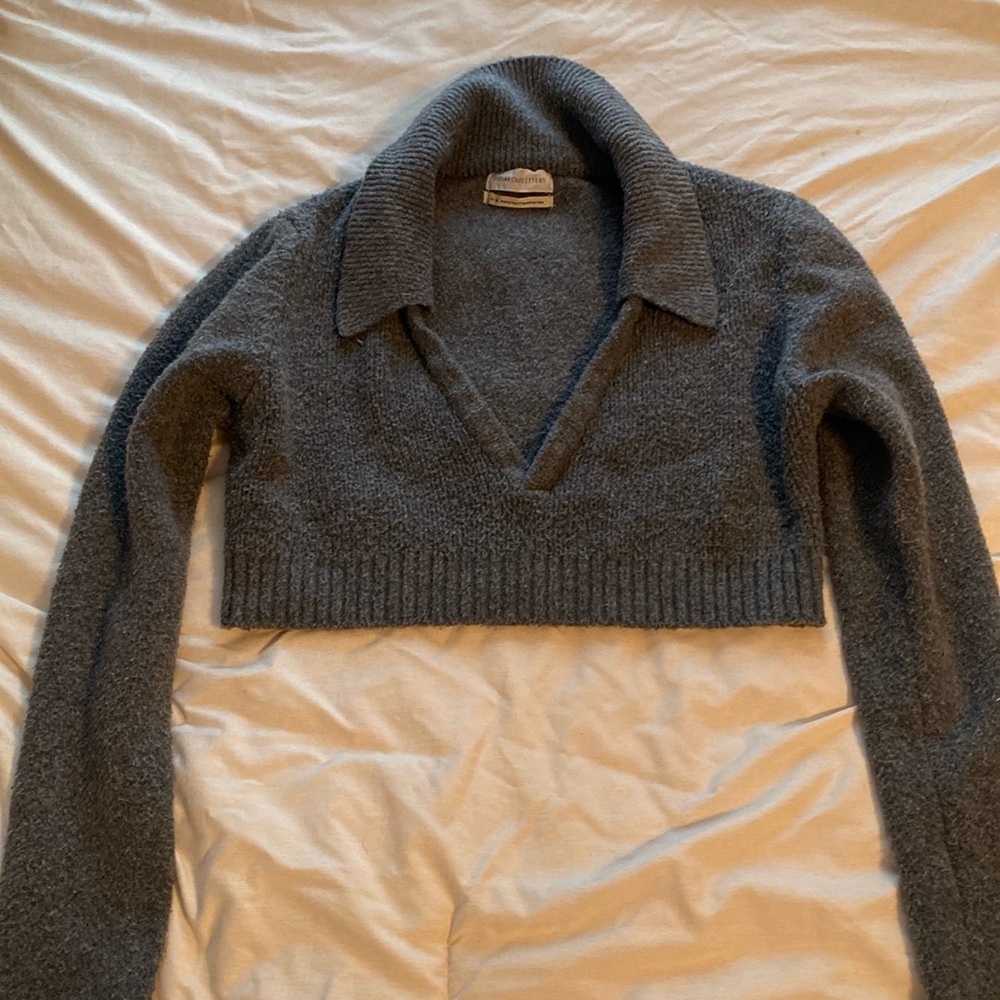 Urban Outfitters Charcoal Gray Cropped Collared V-Neck Sweater